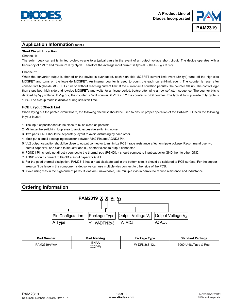 Pam2319, Application information, Ordering information | Diodes PAM2319 User Manual | Page 10 / 12