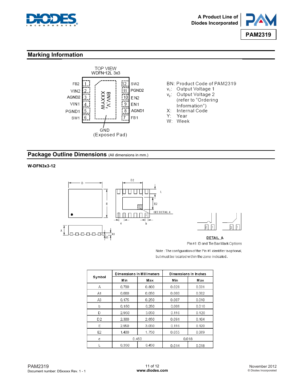 Pam2319, Marking information, Package outline dimensions | Diodes PAM2319 User Manual | Page 11 / 12