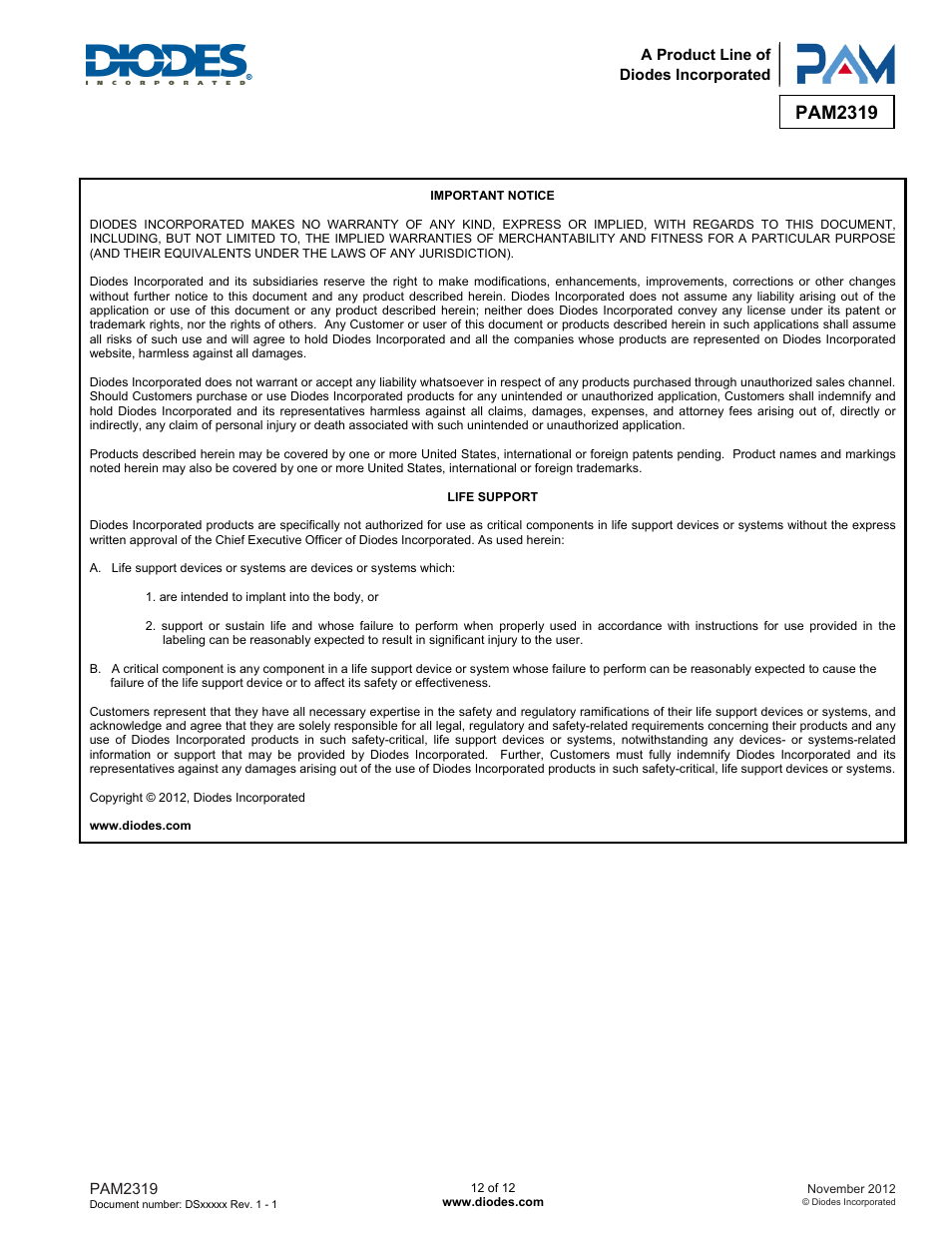 Pam2319 | Diodes PAM2319 User Manual | Page 12 / 12