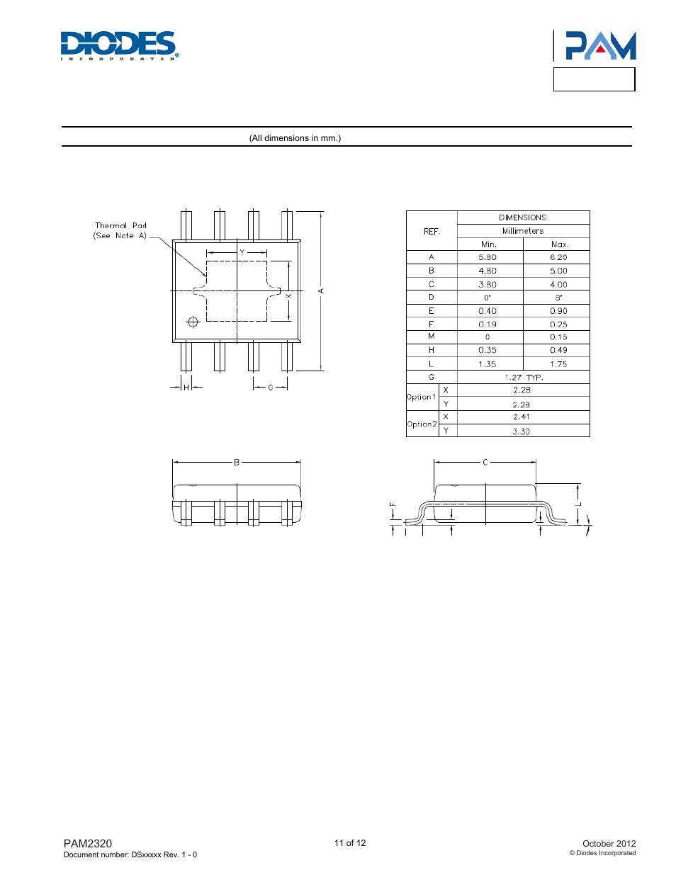 Pam2320, Package outline dimensions | Diodes PAM2320 User Manual | Page 11 / 12