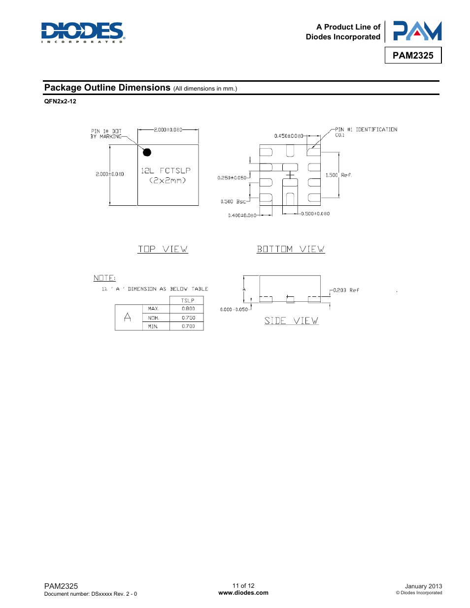 Pam2325, Package outline dimensions | Diodes PAM2325 User Manual | Page 11 / 12