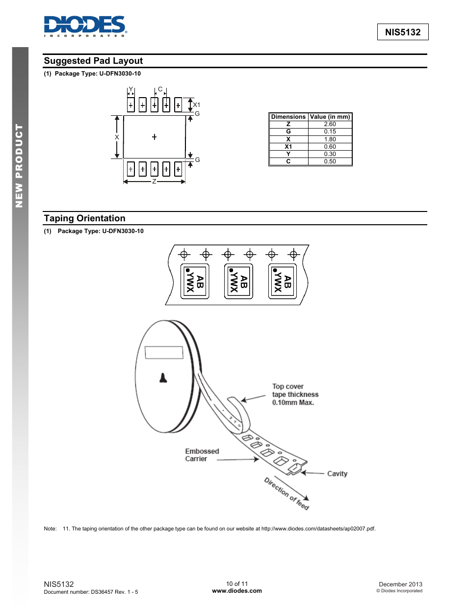 New prod uc t nis5132 suggested pad layout, Taping orientation | Diodes NIS5132 User Manual | Page 10 / 11