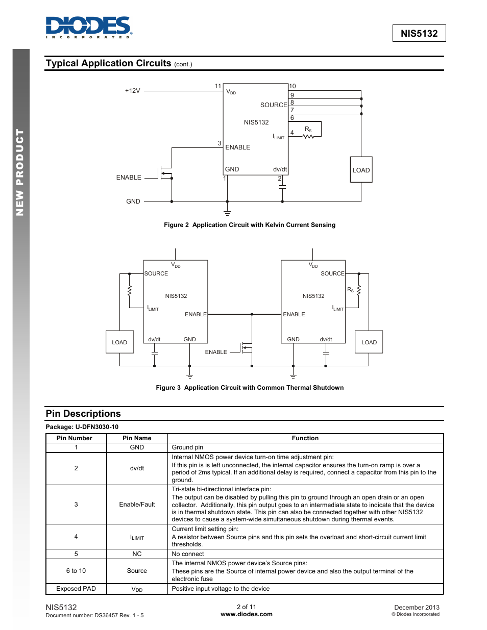 New prod uc t nis5132 typical application circuits, Pin descriptions | Diodes NIS5132 User Manual | Page 2 / 11