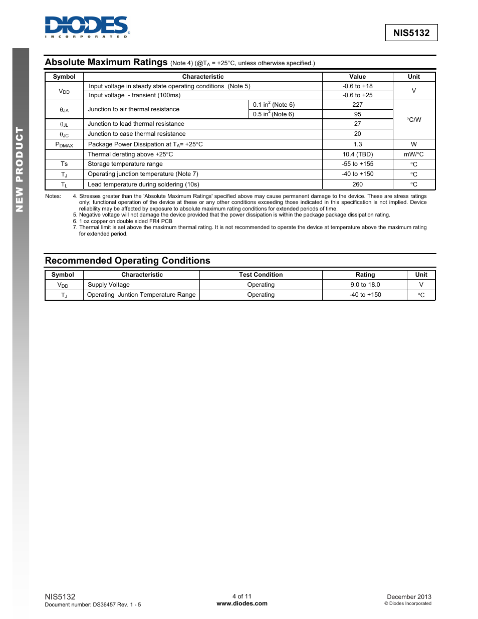 New prod uc t nis5132 absolute maximum ratings, Recommended operating conditions | Diodes NIS5132 User Manual | Page 4 / 11
