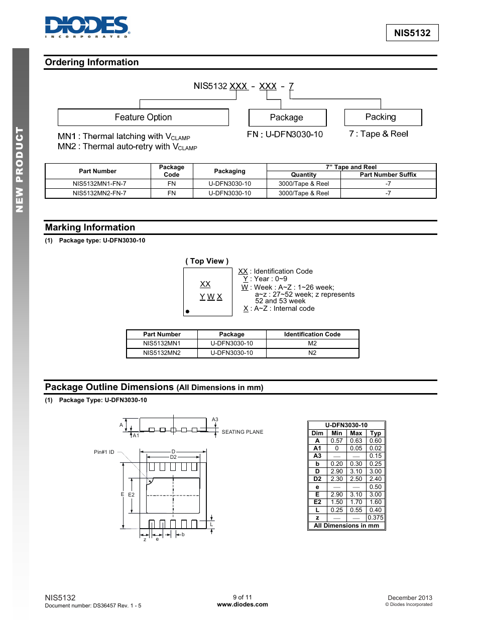 New prod uc t nis5132 ordering information, Marking information, Package outline dimensions | Diodes NIS5132 User Manual | Page 9 / 11