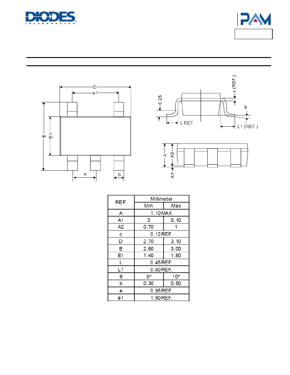 Pam3103, Package outline dimensions, Tsot25 | Diodes PAM3103 User Manual | Page 9 / 11