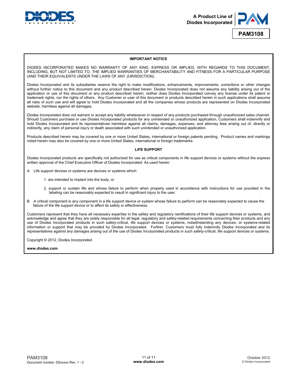 Pam3108 | Diodes PAM3108 User Manual | Page 11 / 11