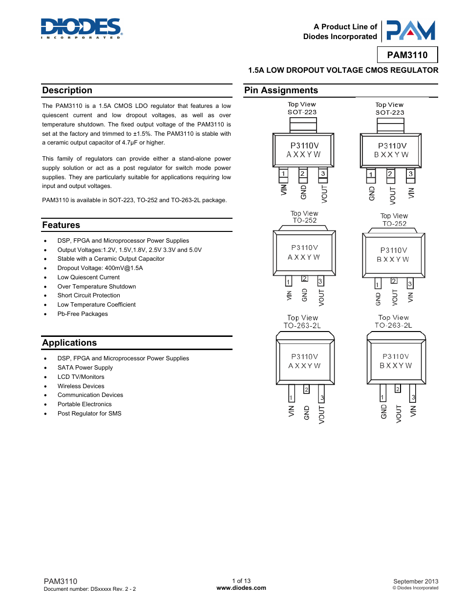 Diodes PAM3110 User Manual | 13 pages
