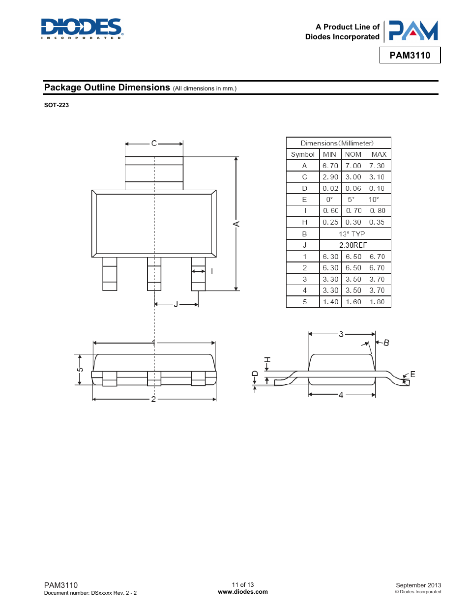 Pam3110, Package outline dimensions | Diodes PAM3110 User Manual | Page 11 / 13
