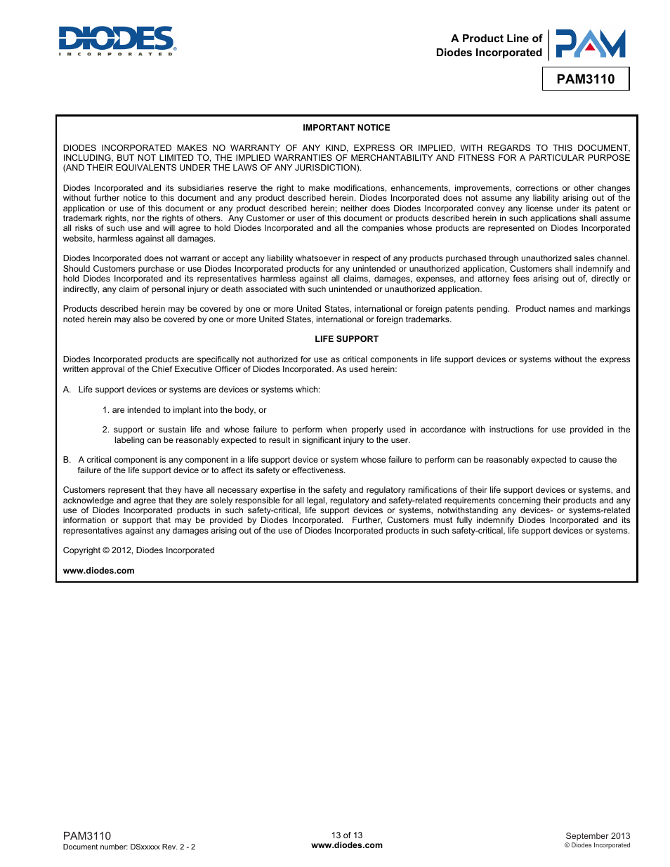 Pam3110 | Diodes PAM3110 User Manual | Page 13 / 13