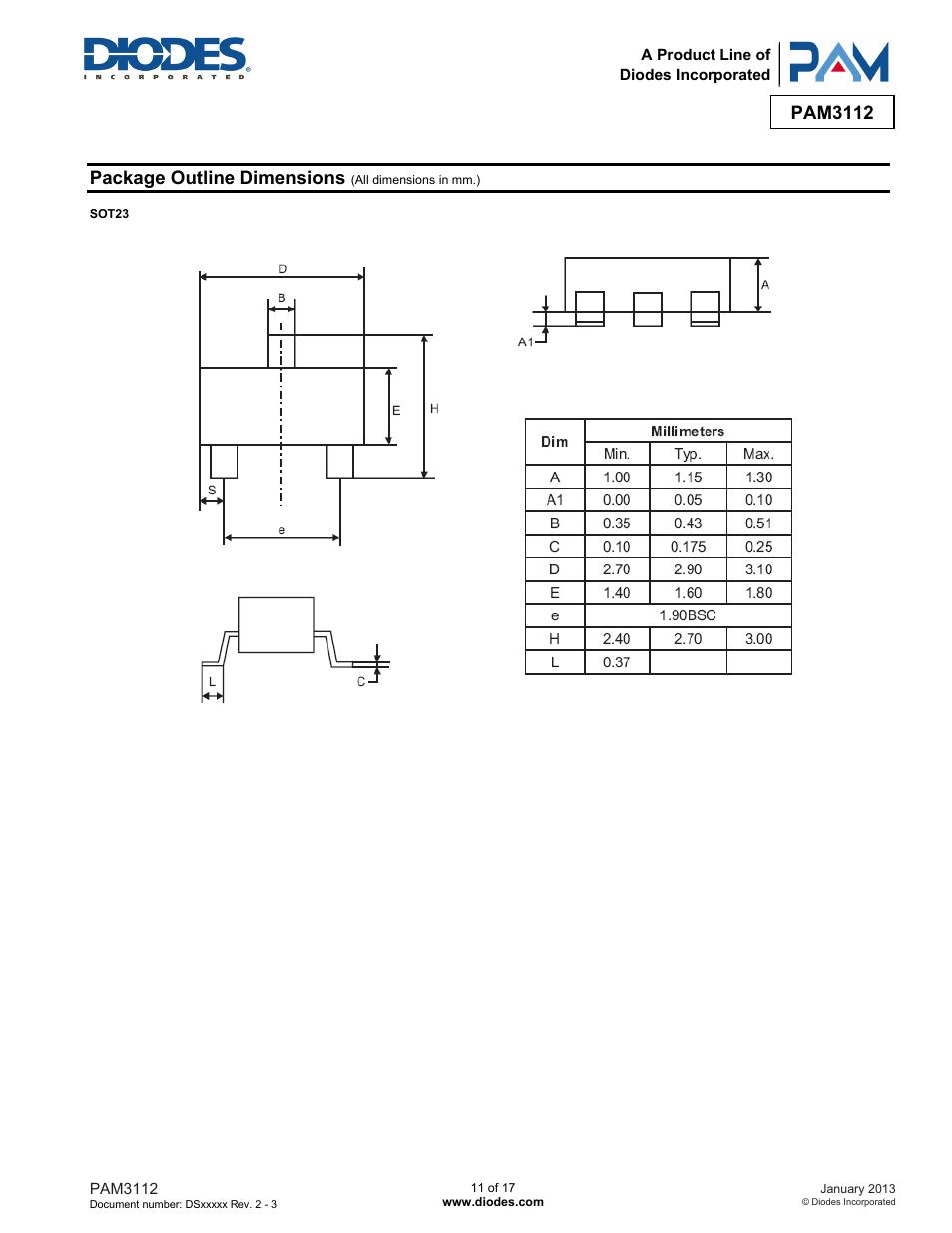 Pam3112, Package outline dimensions | Diodes PAM3112 User Manual | Page 11 / 17
