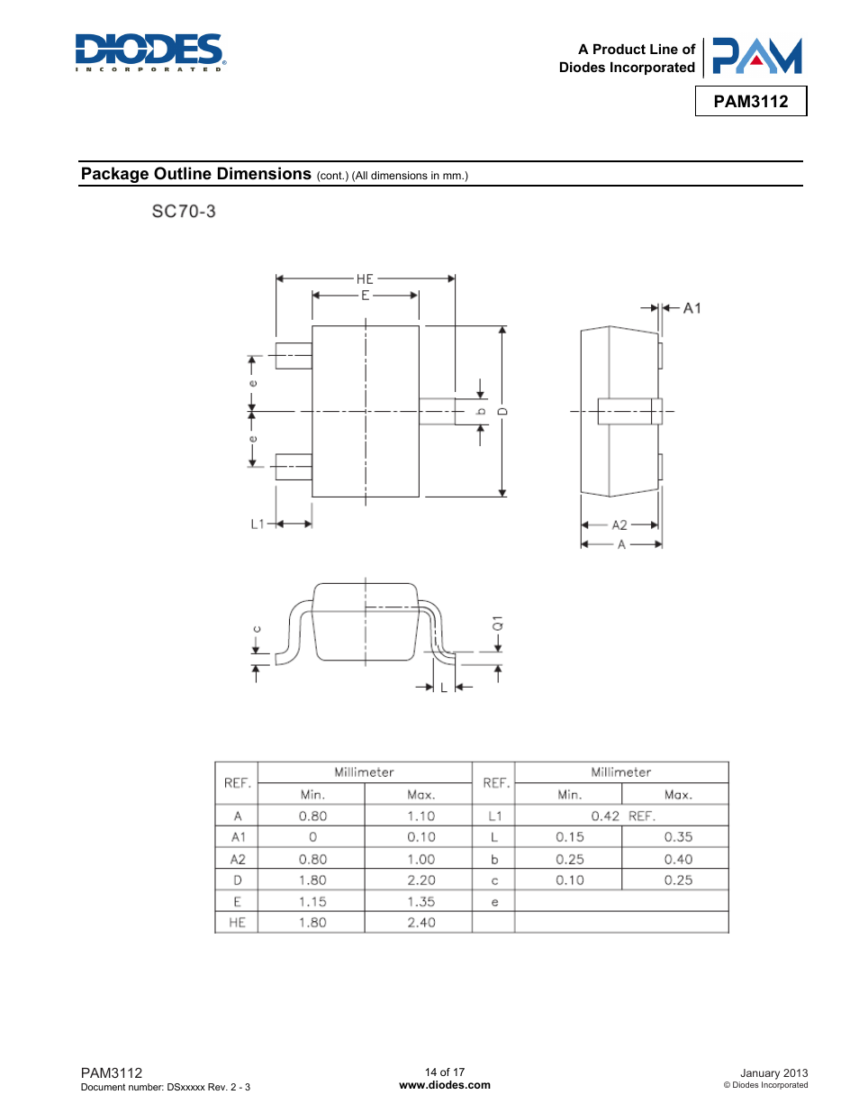 Pam3112, Package outline dimensions | Diodes PAM3112 User Manual | Page 14 / 17