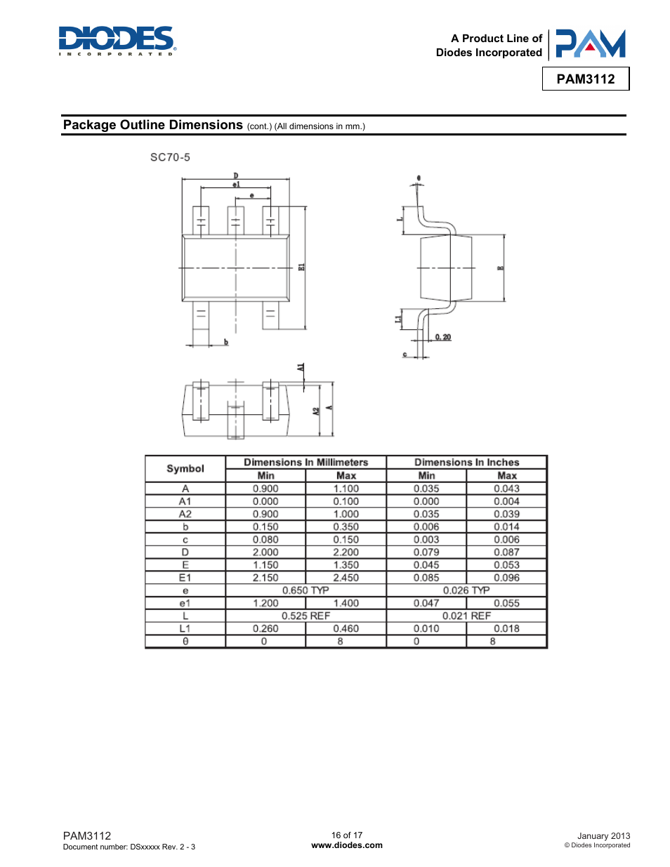 Pam3112, Package outline dimensions | Diodes PAM3112 User Manual | Page 16 / 17