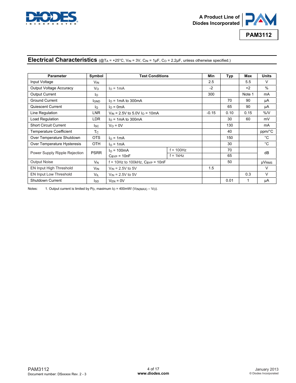 Electrical characteristics, Pam3112, A product line of diodes incorporated | Diodes PAM3112 User Manual | Page 4 / 17
