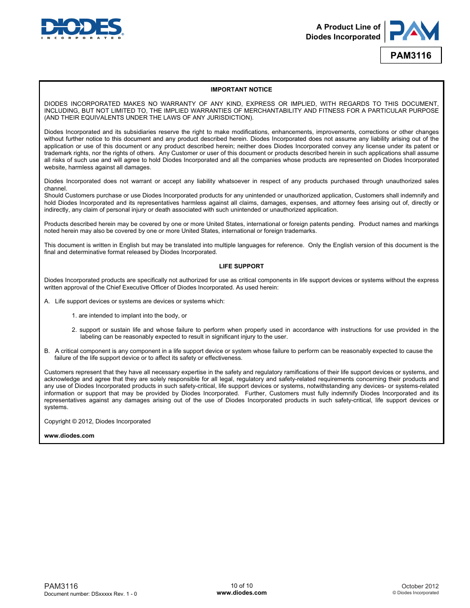 Pam3116 | Diodes PAM3116 User Manual | Page 10 / 10