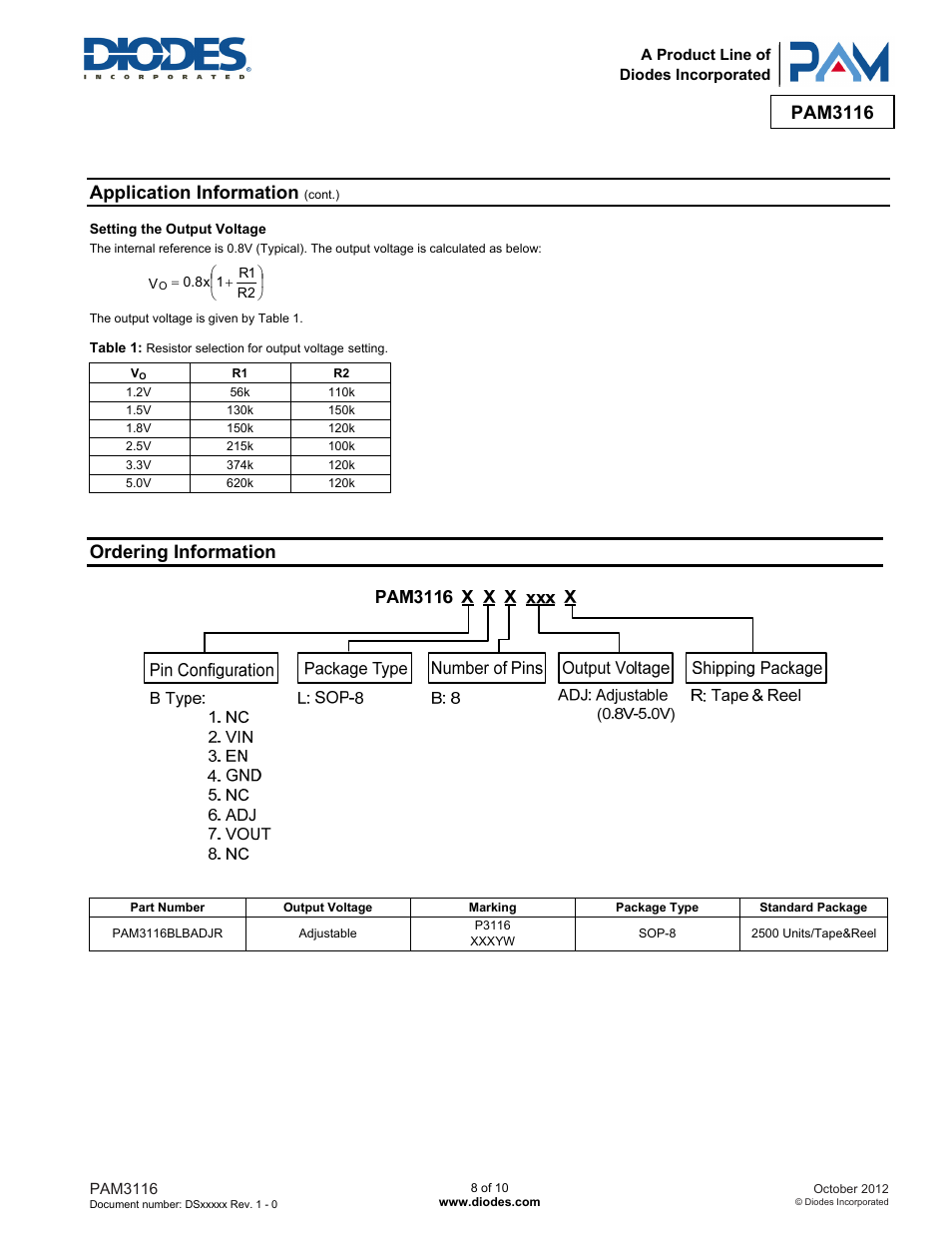 Pam3116, Application information, Ordering information | Diodes PAM3116 User Manual | Page 8 / 10
