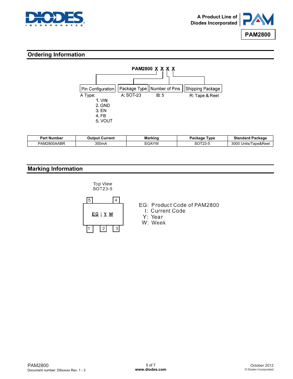 Pam2800, Ordering information, Marking information | Diodes PAM2800 User Manual | Page 5 / 7