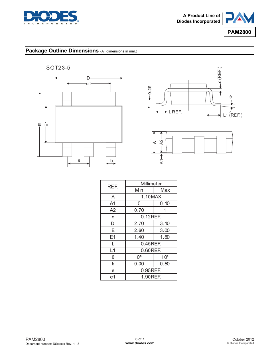 Pam2800, Package outline dimensions | Diodes PAM2800 User Manual | Page 6 / 7