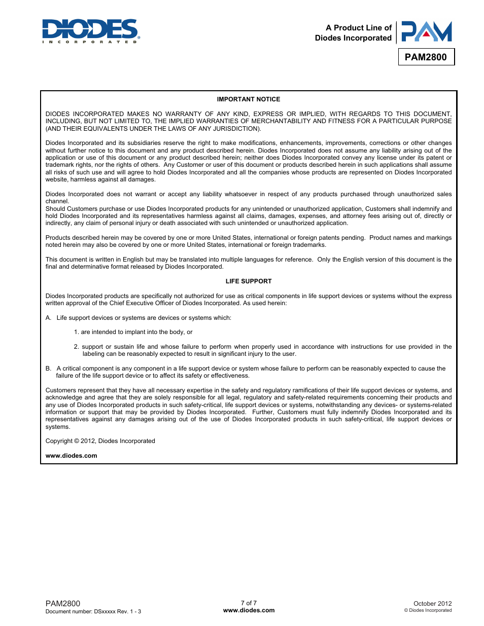 Pam2800 | Diodes PAM2800 User Manual | Page 7 / 7