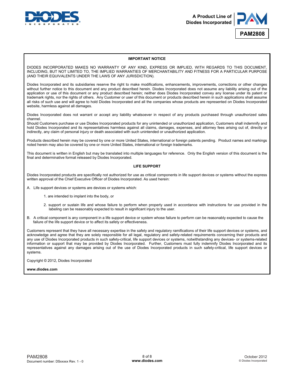 Pam2808 | Diodes PAM2808 User Manual | Page 8 / 8