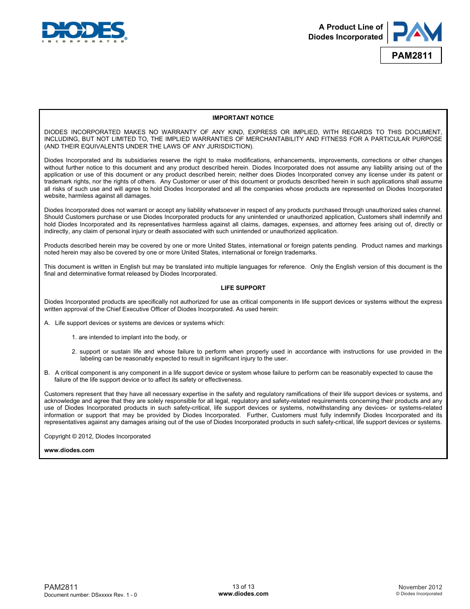 Pam2811 | Diodes PAM2811 User Manual | Page 13 / 13