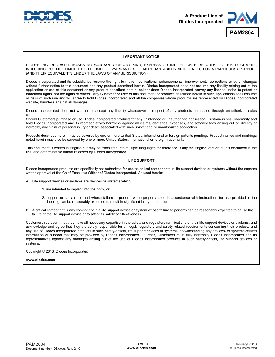 Pam2804 | Diodes PAM2804 User Manual | Page 10 / 10