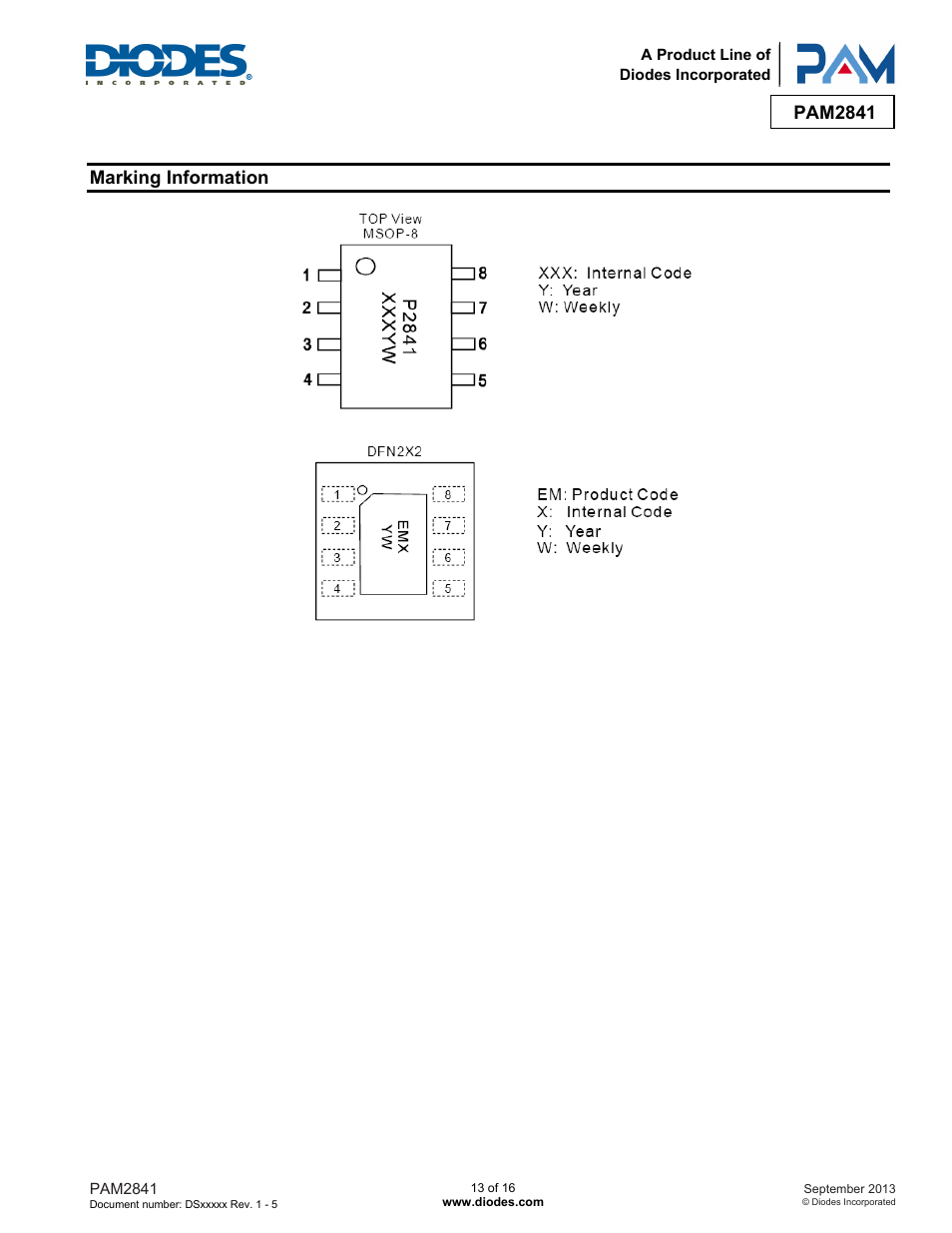 Pam2841, Marking information | Diodes PAM2841 User Manual | Page 13 / 16