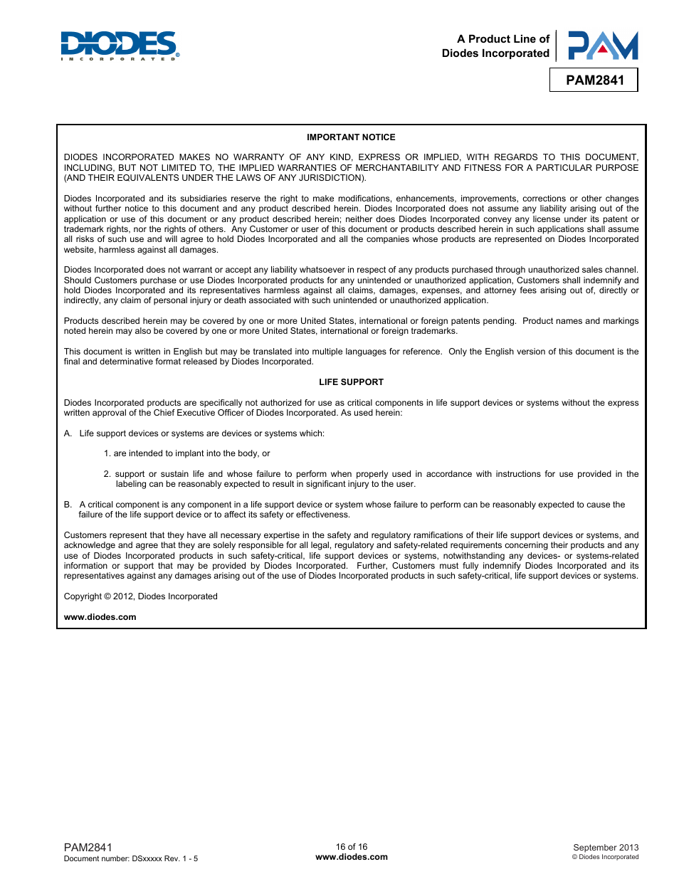 Pam2841 | Diodes PAM2841 User Manual | Page 16 / 16