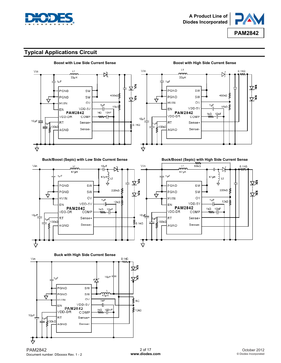 Pam2842, Typical applications circuit | Diodes PAM2842 User Manual | Page 2 / 17