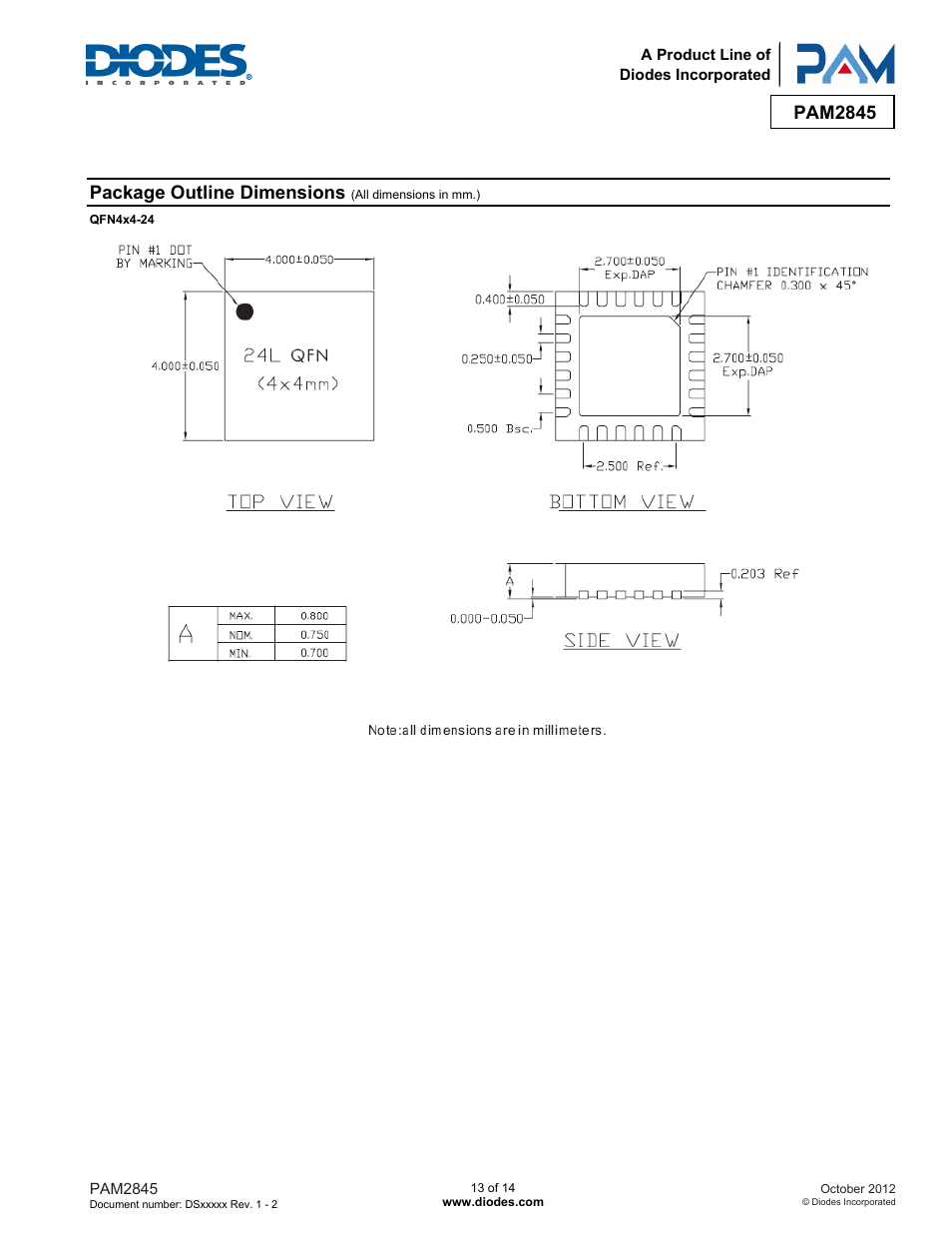 Pam2845, Package outline dimensions | Diodes PAM2845 User Manual | Page 13 / 14