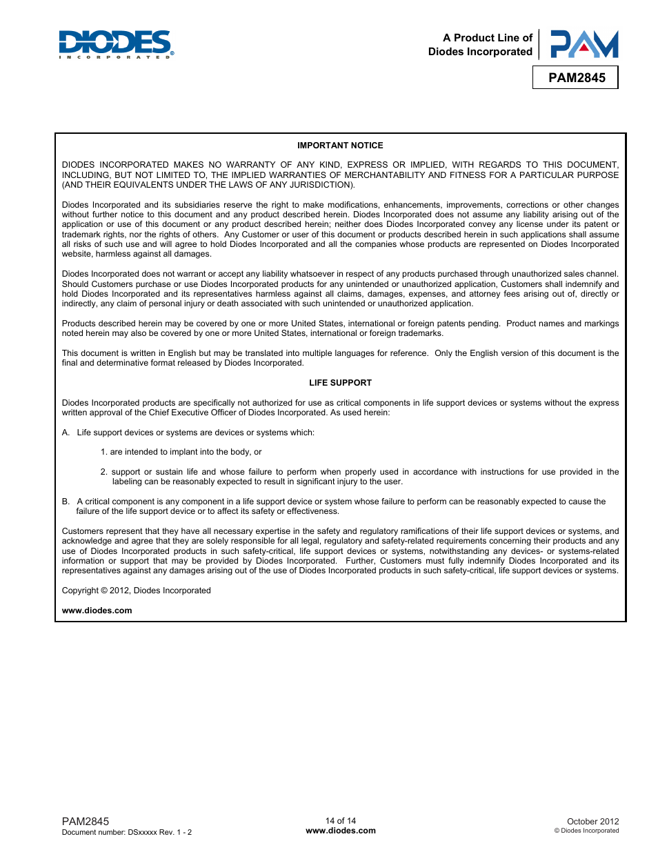 Pam2845 | Diodes PAM2845 User Manual | Page 14 / 14