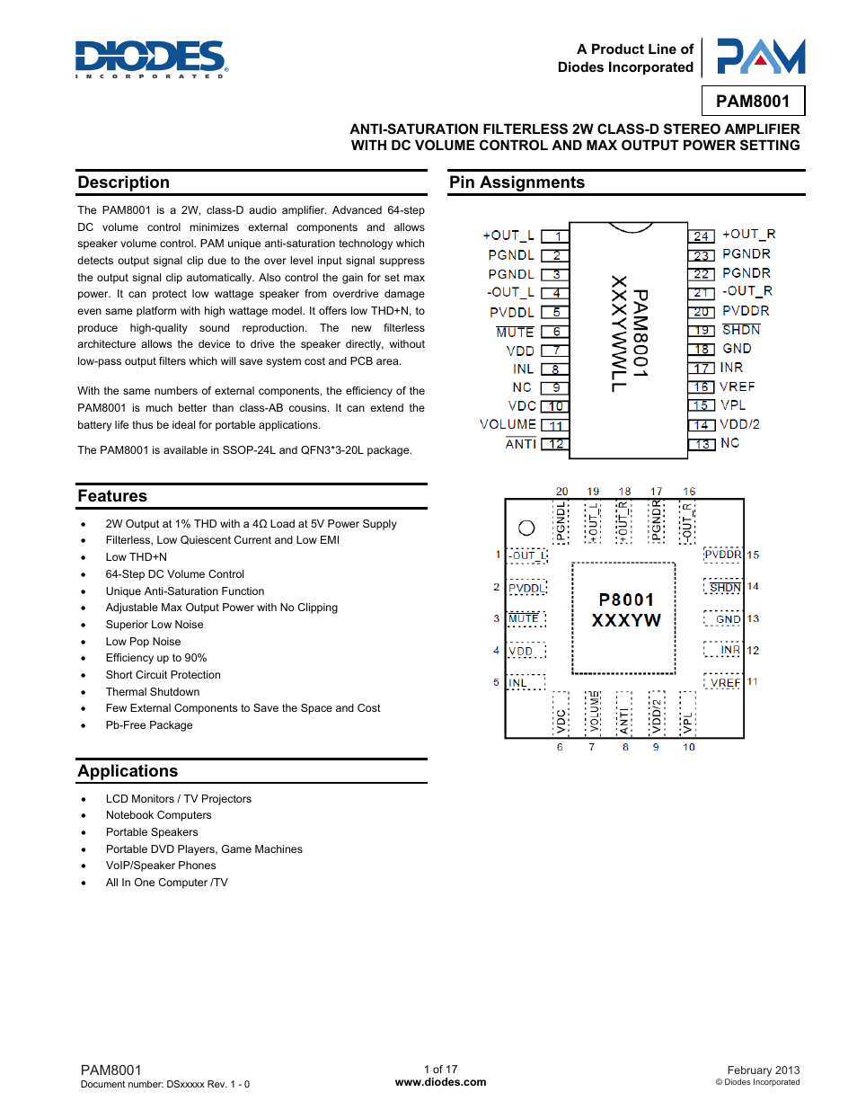 Diodes PAM8001 User Manual | 17 pages