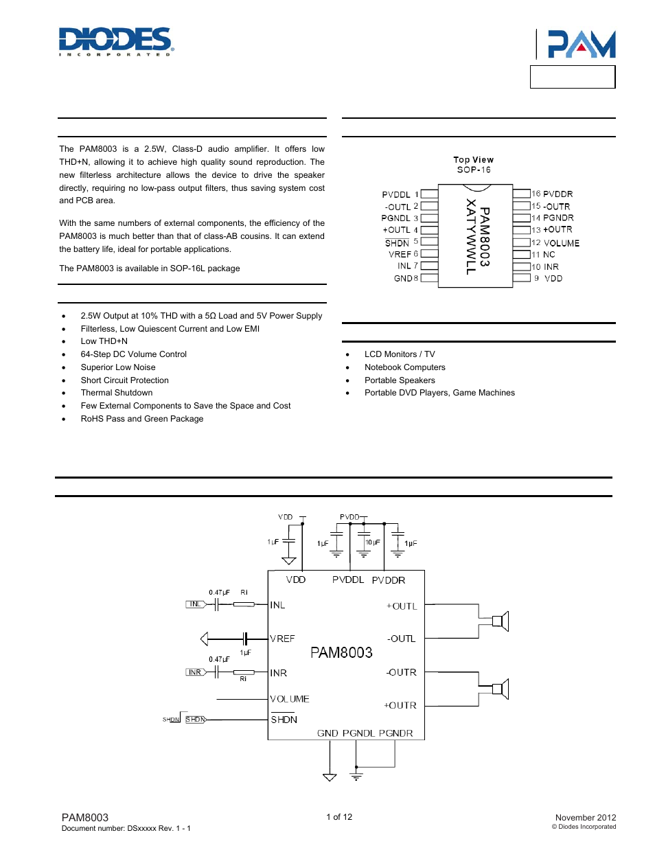 Diodes PAM8003 User Manual | 12 pages