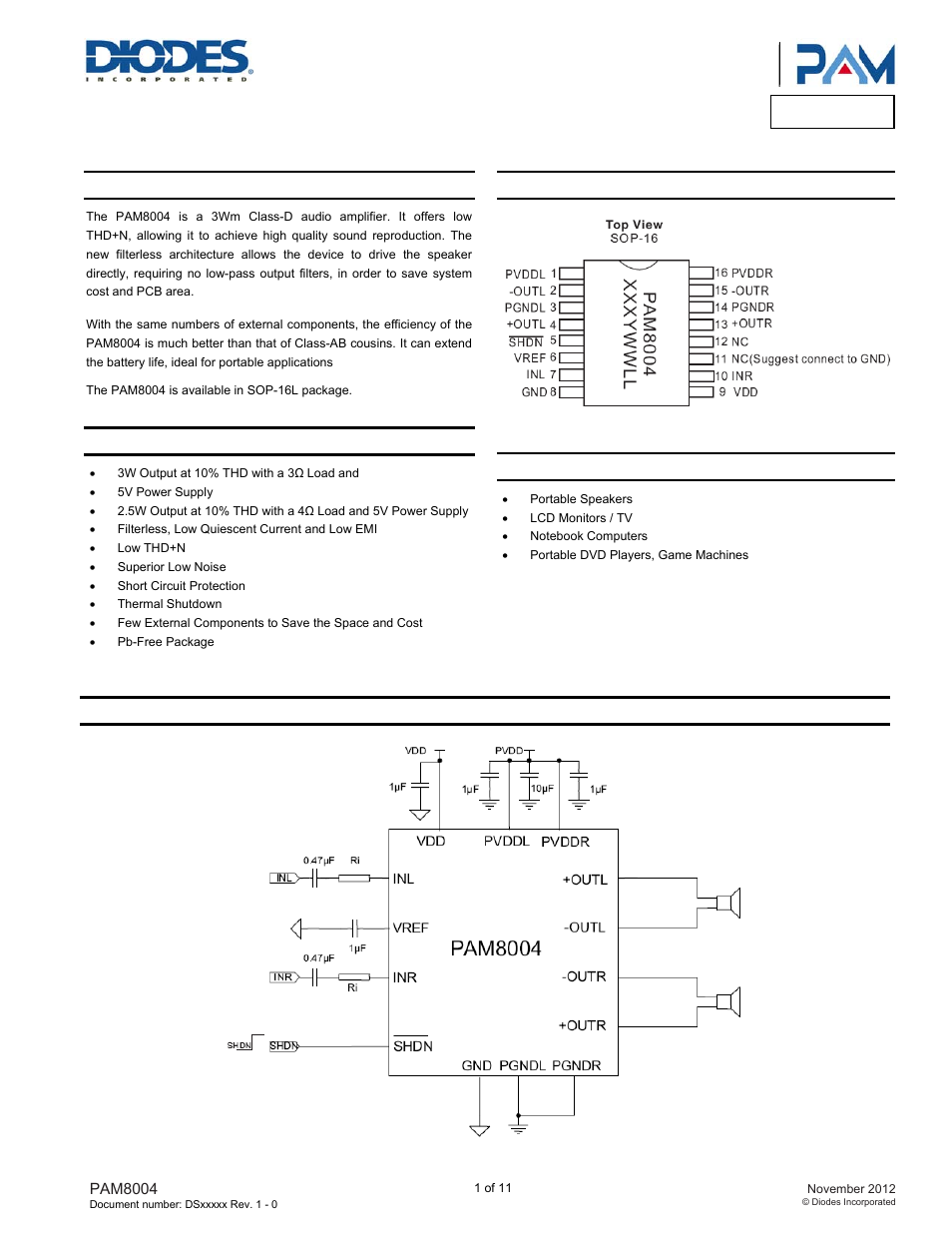 Diodes PAM8004 User Manual | 11 pages