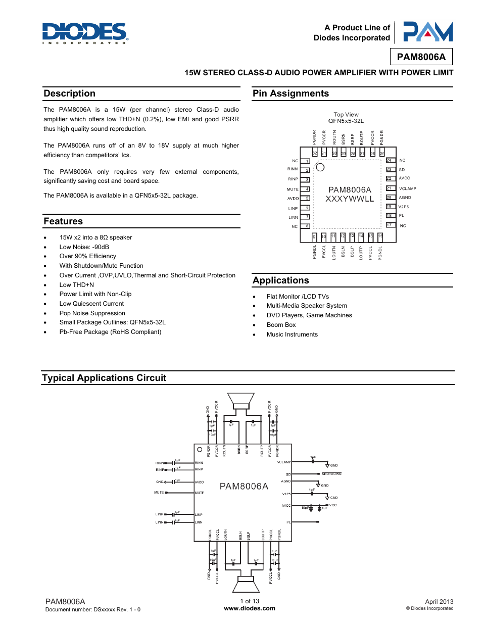 Diodes PAM8006A User Manual | 13 pages