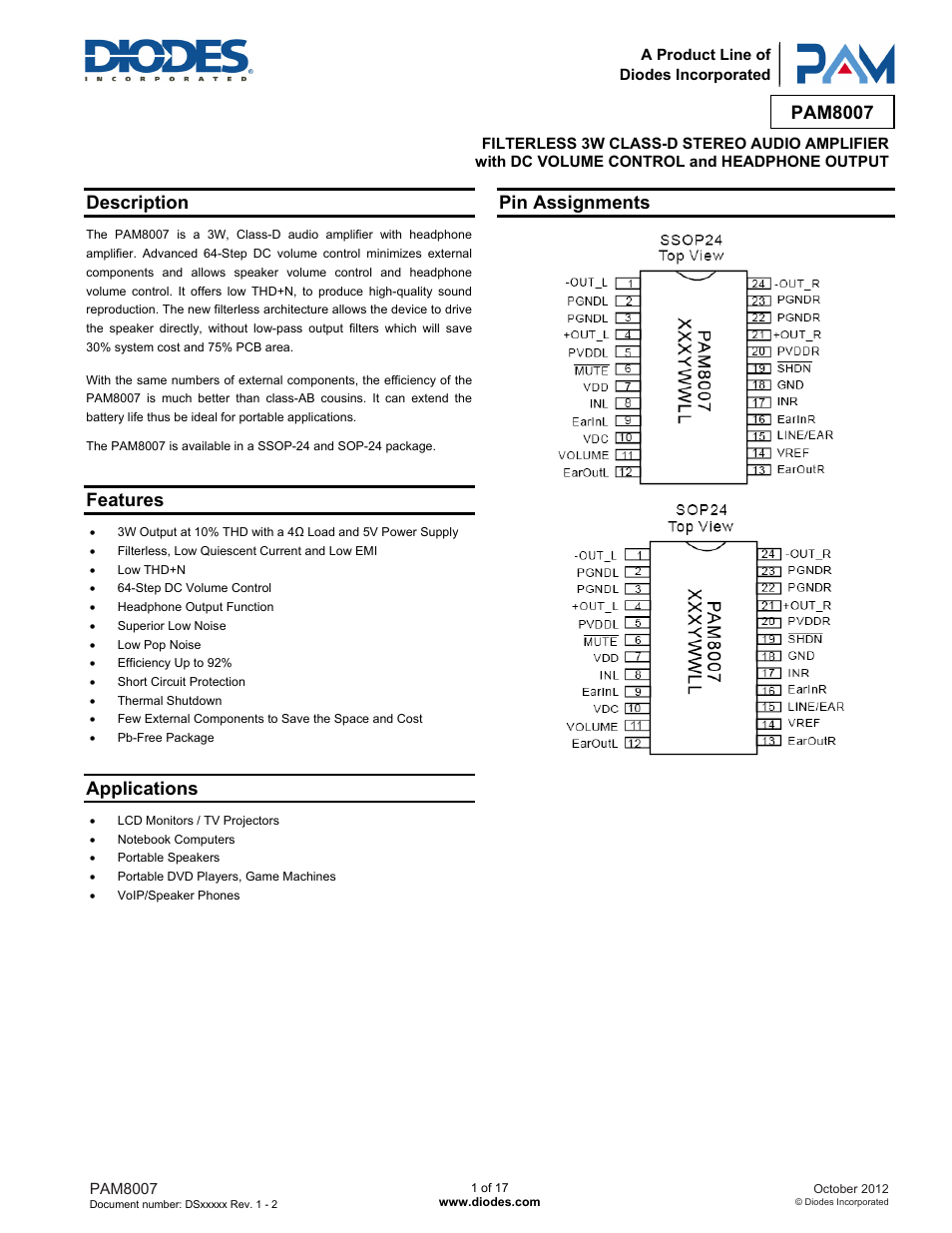 Diodes PAM8007 User Manual | 17 pages