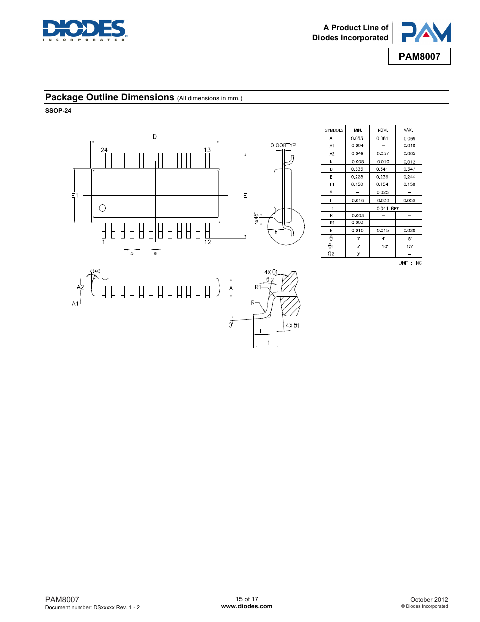 Pam8007, Package outline dimensions | Diodes PAM8007 User Manual | Page 15 / 17