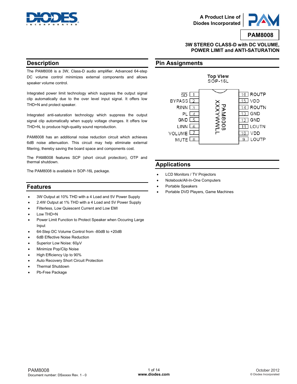 Diodes PAM8008 User Manual | 14 pages