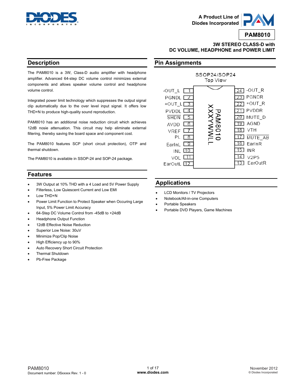 Diodes PAM8010 User Manual | 17 pages