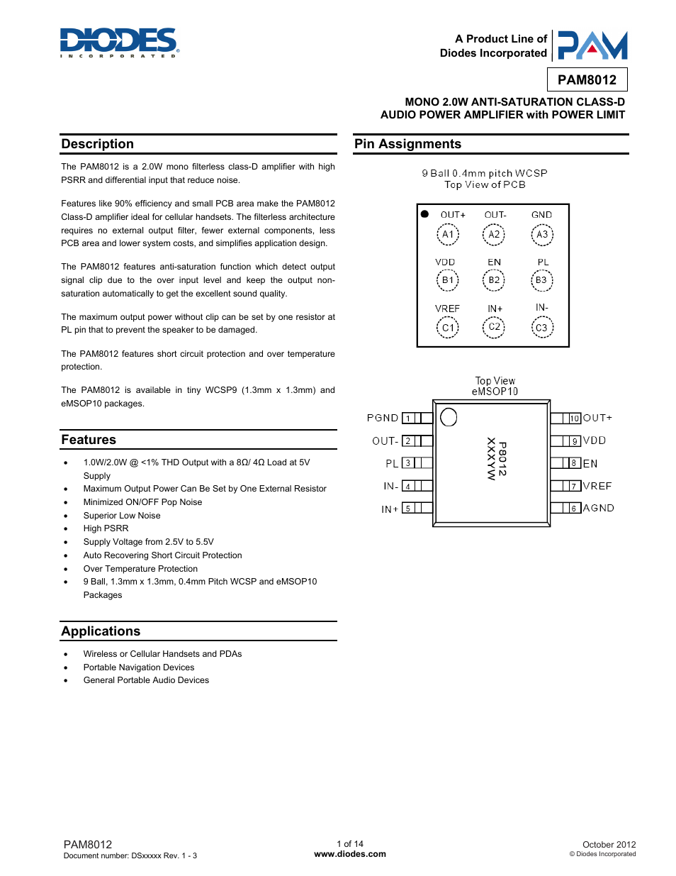 Diodes PAM8012 User Manual | 14 pages
