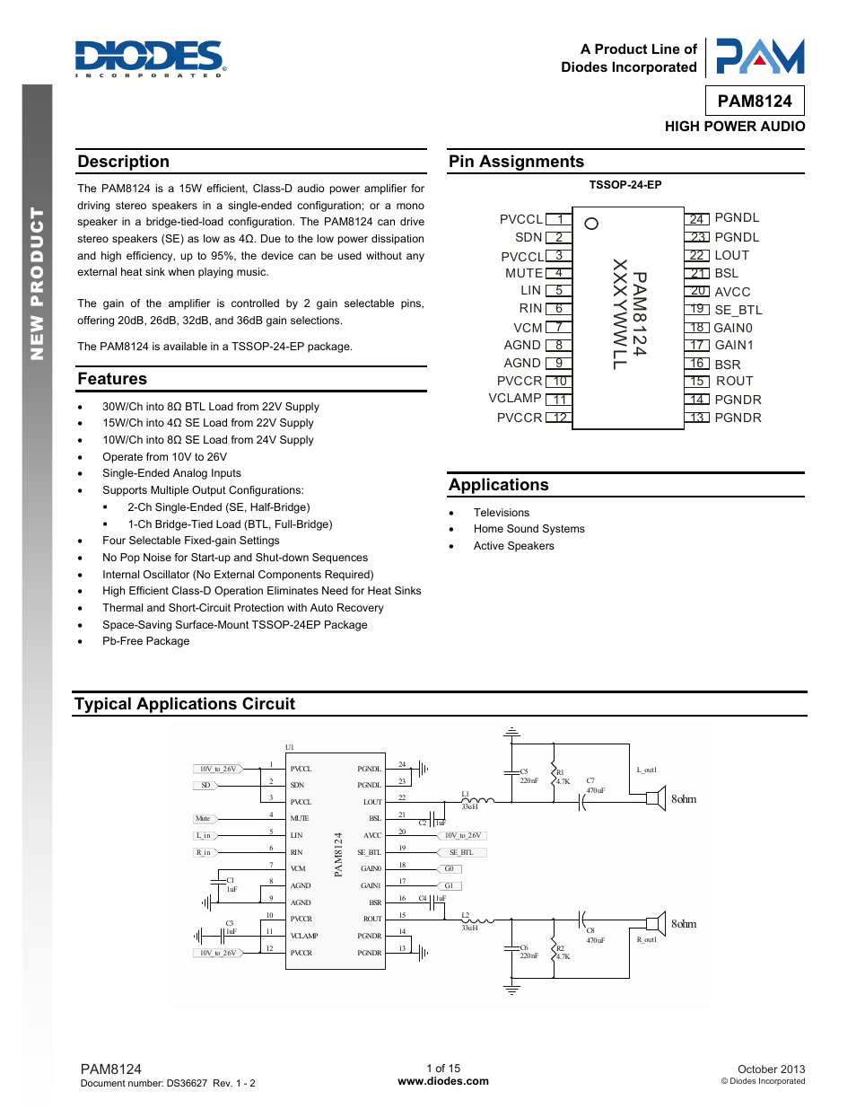 Diodes PAM8124 User Manual | 15 pages