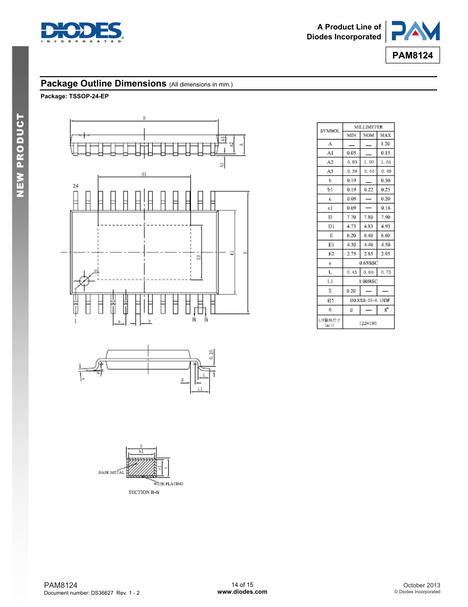 Pam8124 new prod uc t, Package outline dimensions | Diodes PAM8124 User Manual | Page 14 / 15