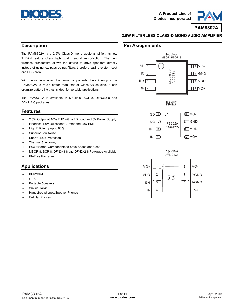 Diodes PAM8302A User Manual | 14 pages
