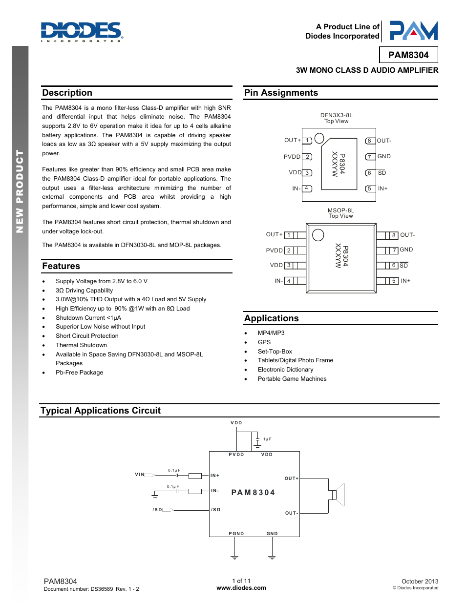 Diodes PAM8304 User Manual | 11 pages