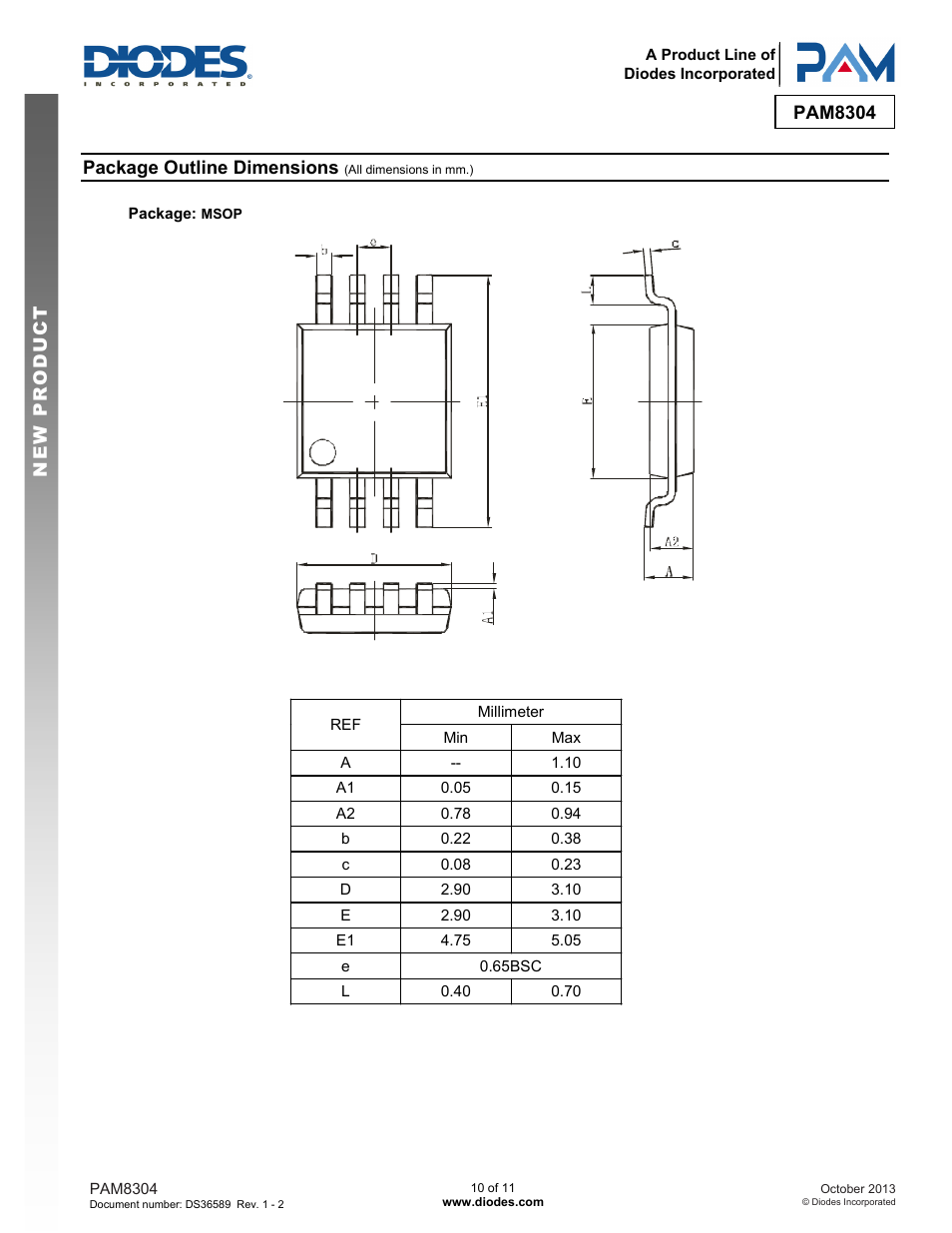 Pam8304 new prod uc t, Package outline dimensions | Diodes PAM8304 User Manual | Page 10 / 11