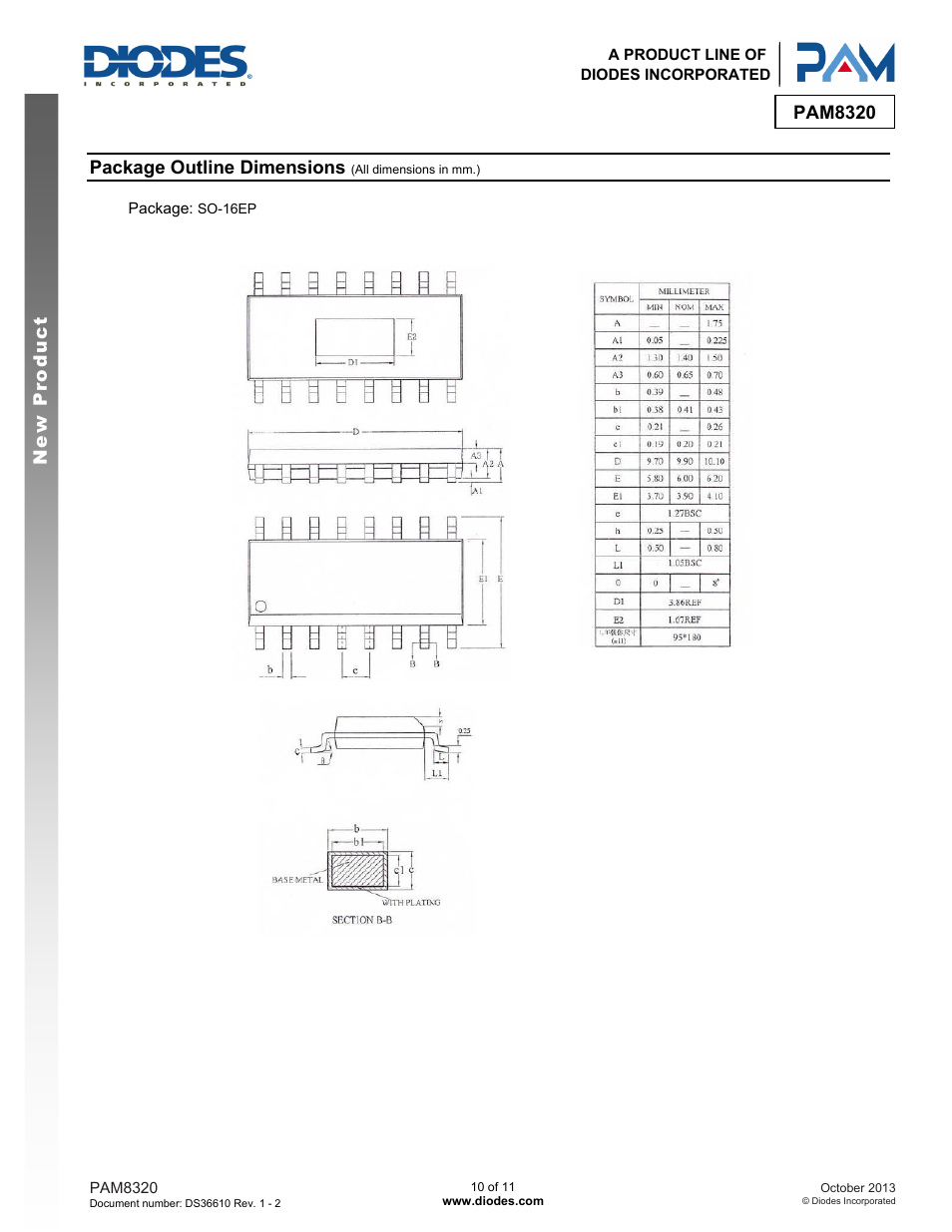 Pam8320 new product, Package outline dimensions | Diodes PAM8320 User Manual | Page 10 / 11