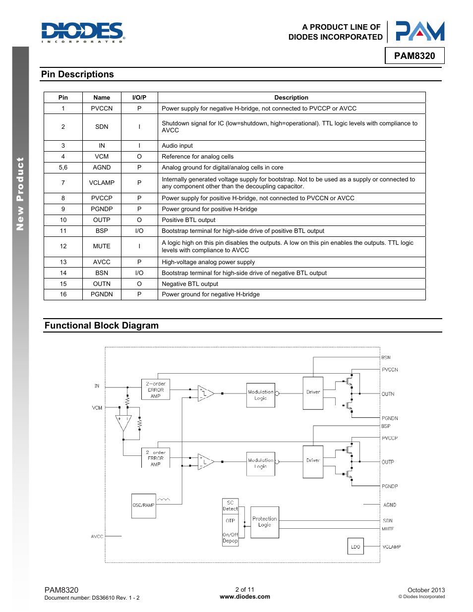 Pam8320 new product, Pin descriptions, Functional block diagram | Diodes PAM8320 User Manual | Page 2 / 11