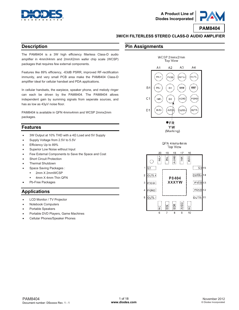 Diodes PAM8404 User Manual | 18 pages