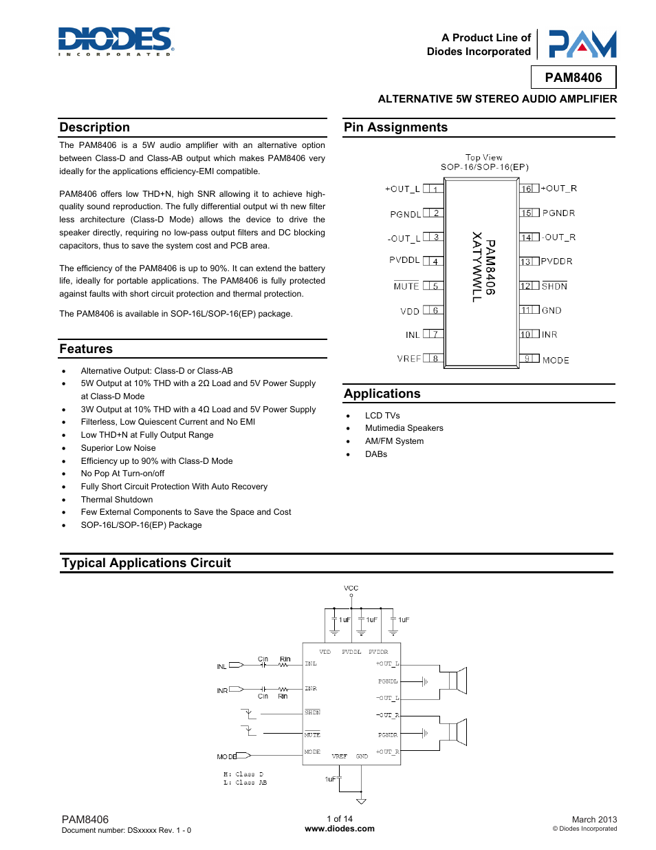 Diodes PAM8406 User Manual | 14 pages