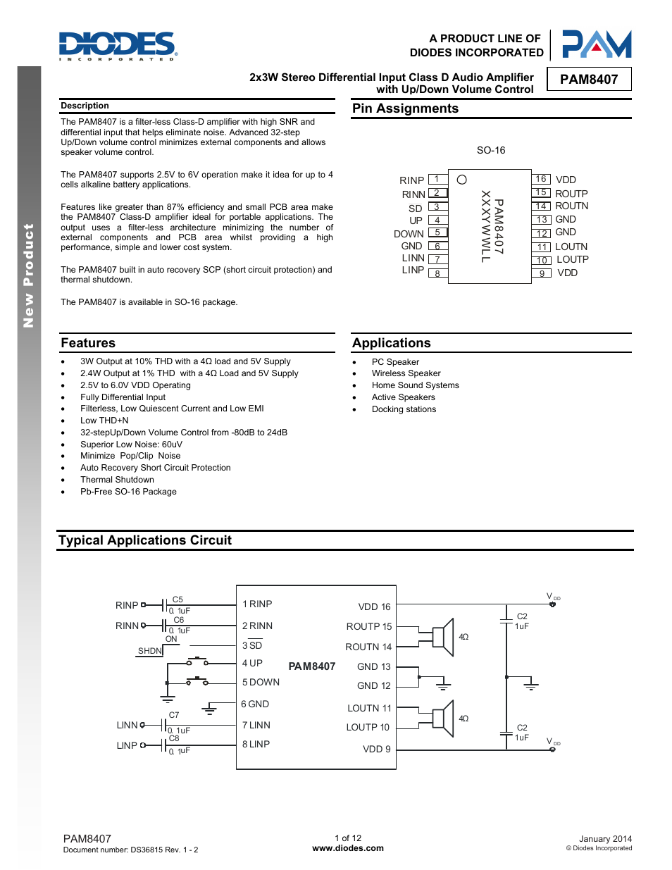 Diodes PAM8407 User Manual | 12 pages